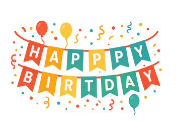 Aufkleber - Colorful birthday bunting, floating balloons, scattered confetti generating joyful party mood against transparent backdrop