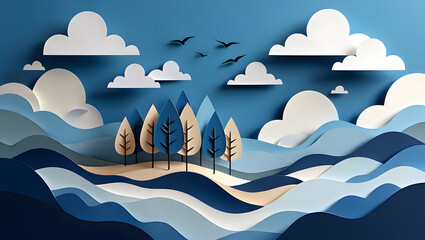 Serene Paper Art Landscape featuring Blue Mountains Clouds and Trees a calming nature scene perfect for design projects