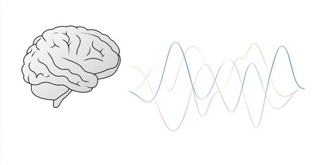 Poster - Brain illustration alongside abstract waveforms representing neural activity, showcasing the connection between cognitive processes and visual representation of thoughts and emotions