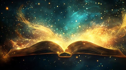 Wall Mural - glowing open book with magical, cosmic energy emanating from its pages.