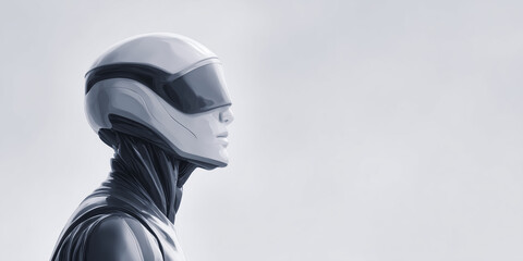 Poster - Futuristic humanoid robot with sleek design and reflective helmet, gazing into the distance, embodying advanced technology and innovation in a minimalist environment