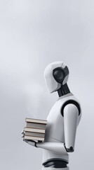 Poster - Futuristic humanoid robot holding stacked books, showcasing advanced technology and artificial intelligence, with a minimalistic gray background emphasizing innovation and learning