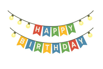 Aufkleber - Colorful happy birthday flags hanging with glowing light bulbs on a transparent background, perfect for birthday celebrations