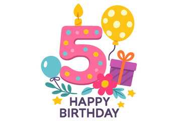 Aufkleber - Fifth birthday party scene with pink numeral candle, multicolored balloons, wrapped gift, and floral arrangement on clear backdrop