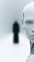 Poster - Futuristic humanoid robot with sleek metallic features gazes into the distance, while a shadowy figure looms in the background, creating an atmosphere of mystery and intrigue