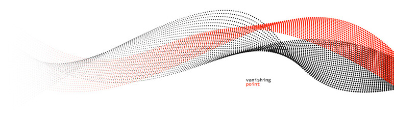 Poster - Abstract background vector illustration, red and black dots in motion by curve lines, particles flow wave isolated, monochrome black and white illustration.