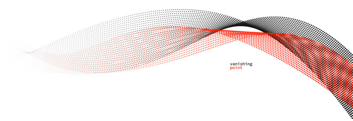 Poster - Abstract background vector illustration, red and black dots in motion by curve lines, particles flow wave isolated, monochrome black and white illustration.