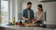 © CG - Smiling couple working side by side in contemporary kitchen, preparing a homemade dinner in cozy indoor space