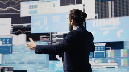 Poster - Public speaker CEO hosting business presentation to share a vision, discuss about new growth strategy and ideas for global development. Using a hands free microphone for attendees. Camera A.