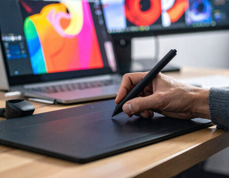 Creator Drawing Illustration on Tablet Hands View