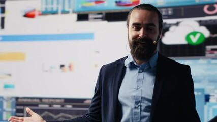 Poster - Entrepreneur global CEO speaking at a professional convention, doing a business pitch on stage. With a powerful voice presenting infographics, shares vision for success and leadership. Camera A.