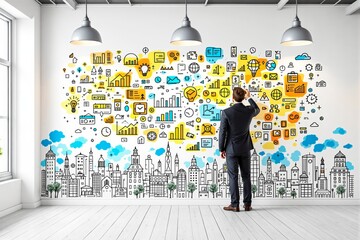 Poster - Businessman analyzing creative business concept on a bright background.