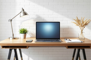 Poster - Modern workspace with laptop on wooden desk against white brick wall.