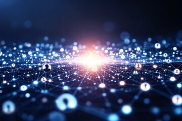 Poster - Digital network connections with glowing nodes and user icons on dark background.