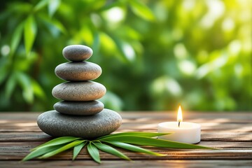 Aufkleber - Zen stones and candle on wooden surface with green background.