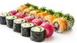 Colorful assortment of fresh sushi and maki rolls, showcasing vibrant vegetarian and seafood options on a clean white background.