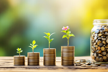 Poster - Growing financial investment concept with stacked coins and plants.