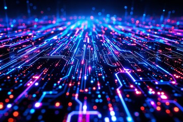 Poster - Futuristic glowing circuit board with neon blue and pink lights.