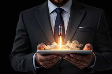 Poster - Businessman holding tablet with rocket launching from screen, symbolizing startup growth and innovation.