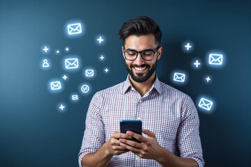 Poster - Smiling man using smartphone with glowing email icons on dark background.