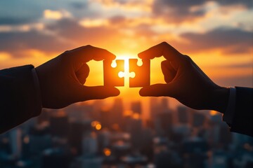 Aufkleber - Hands holding two puzzle pieces connecting against sunset over cityscape.