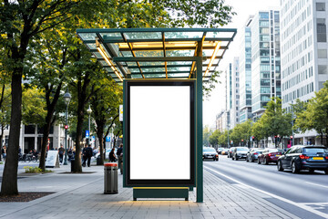 Poster - Blank billboard mockup at a modern bus stop on a busy city street.