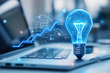 Poster - Futuristic glowing light bulb with digital circuit pattern beside a rising graph on a laptop, symbolizing innovation and business growth.