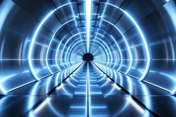 Poster - Futuristic glowing tunnel with blue neon lights and metallic walls.
