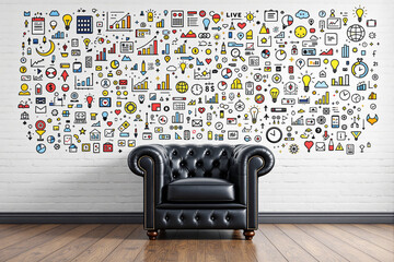 Poster - Black leather armchair against white brick wall with colorful business icons.