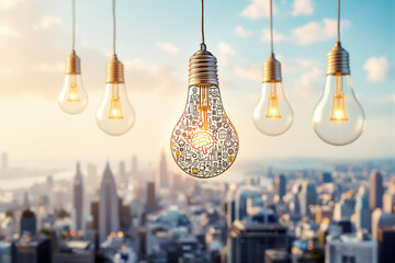 Poster - Abstract light bulbs with business icons against a city background.
