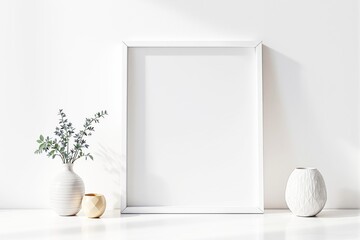Poster - Blank white picture frame mockup with decorative vases on a white background.