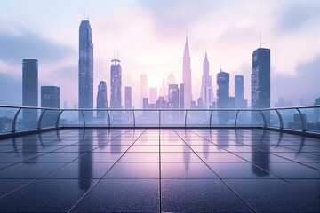 Poster - Futuristic empty rooftop with city skyline at sunrise.