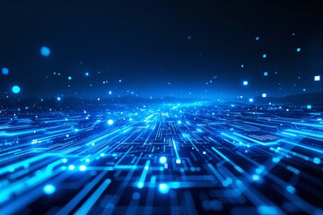 Poster - Futuristic digital landscape with glowing blue circuits on dark background.