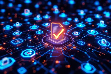 Poster - Digital document verification concept with glowing checkmark icon.