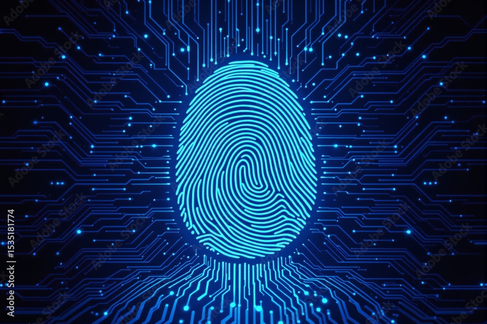 Glowing digital fingerprint with circuit connections on dark background ...