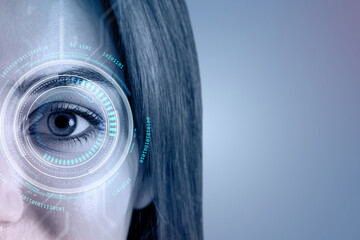 Aufkleber - Futuristic biometric eye scan interface on closeup of woman's face with digital HUD elements against blue tech background.