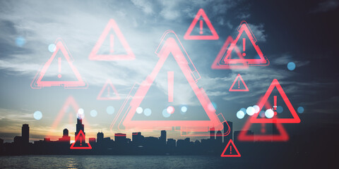 Poster - Red warning exclamation icons over a city skyline with digital overlay symbolizing data alerts, danger notifications, and online security threats.