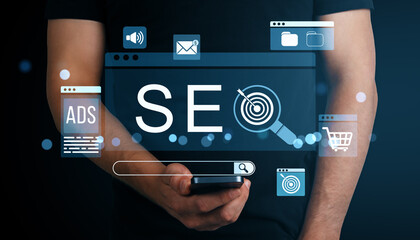 Poster - SEO technology concept with digital marketing icons and person holding smartphone on dark abstract background for ecommerce and business strategy.
