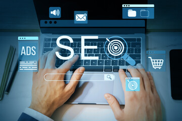 Poster - SEO digital marketing strategy with hands typing on laptop and online icons representing ecommerce, ads, and data analytics on screen overlay.