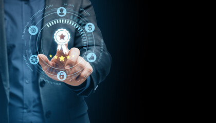 Poster - Businessman pressing digital quality certification icon on virtual interface with modern technology elements on dark background concept.