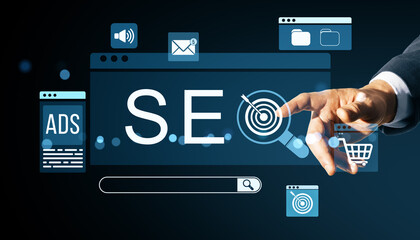 Poster - SEO strategy concept with hand touching interface icons for digital marketing, search engine optimization and ecommerce tools on screen.