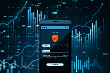 Aufkleber - Smartphone screen displaying secure online payment interface on digital financial chart background representing modern banking application. 3D Rendering