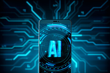 Poster - Futuristic smartphone screen displaying glowing AI interface with digital circuit board background representing artificial intelligence technology. 3D Rendering