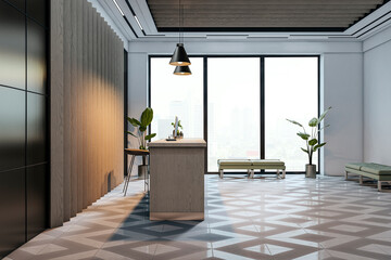 Poster - Modern reception desk in stylish office lobby with geometric floor tiles, large windows, and natural light creating a sleek business environment. 3D Rendering