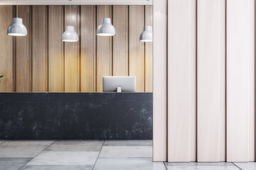 Poster - Modern minimalist reception desk with computer in stylish office lobby interior featuring wood panel walls and hanging lights. 3D Rendering