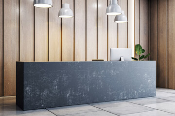 Poster - Modern reception desk in stylish office lobby interior with computer, minimalist design, wooden wall panels and pendant lighting fixtures. 3D Rendering