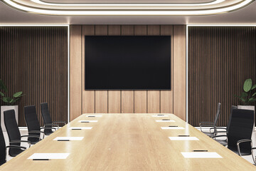 Aufkleber - Modern empty boardroom with large wooden desk, black chairs, wall-mounted display screen, and luxury interior design in corporate workspace. 3D Rendering