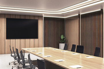 Aufkleber - Sleek modern corporate boardroom interior with wooden walls, large conference table, office chairs, and mounted display screen on clean background. 3D Rendering