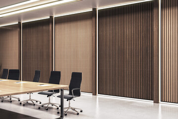 Aufkleber - Modern empty conference room with wood panel walls, sleek black chairs, and a long desk under soft ceiling lighting in a professional setting. 3D Rendering