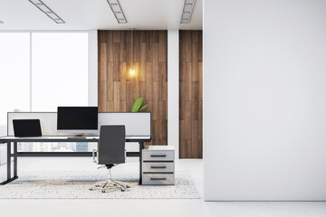 Poster - Modern executive office interior with wooden wall panels, stylish desk setup, clean white walls and blank space for logo or poster mockup display. 3D Rendering